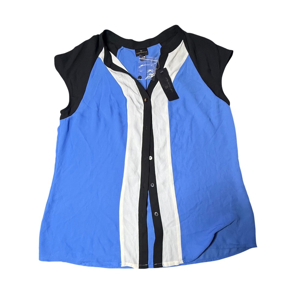 Worthington Womens Top Size M Blue White Black Colorblock Sleeveless Blouse